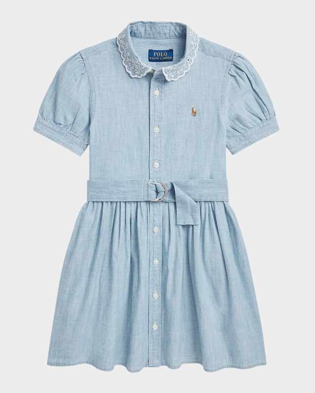 Girl's Chambray Eyelet Embroidered Dress, Size 2-6X